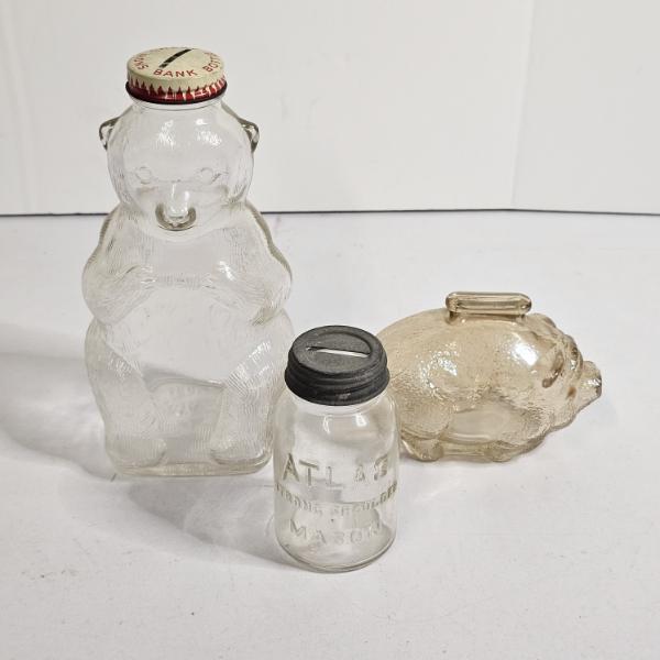 Three Vintage Glass Novelty Coin Banks