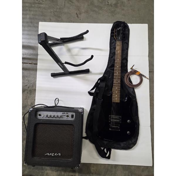 Ready To Play! Black First Act ME636 Six String Electric Guitar With Nylon Storage Bag, Foldable Chr