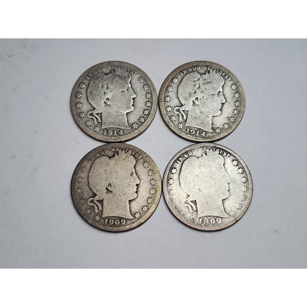 (4) 90% Silver U.S. Barber Quarters - Years 1914, 1914, 1909, 1899 - FV: $1.00