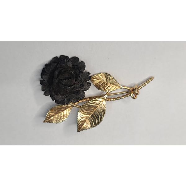 Vintage Hand-Carved Black Flower Costume Brooch With Gold Filled Stem - Weight: 6.4g