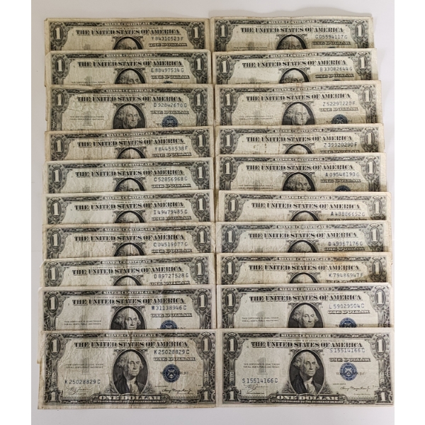 Lot of 20 United States Blue Seal $1 Silver Certificates - Face Value $20.00