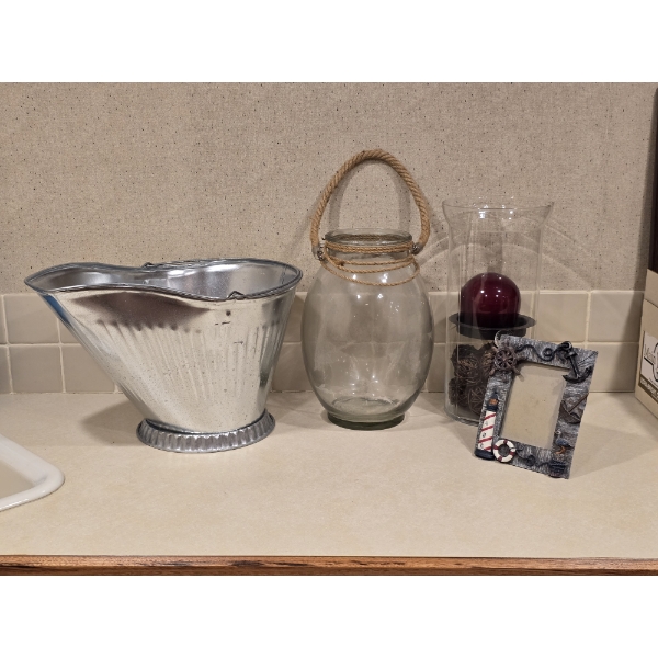 4pc Home Decor incl Metal Ash Bin, Seaside Picture Frame and more