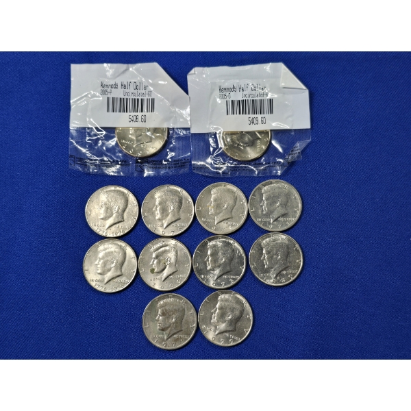 Lot of 12 Assorted Years Kennedy Half Dollars - Including Uncirculated 2005-P & 2005-D FV: $6.00