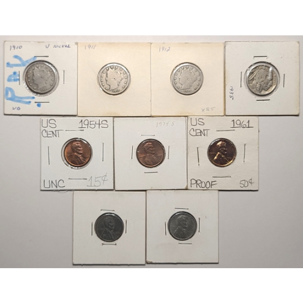 Assorted U.S Barber And Buffalo Nickels & Wheat, Steel And Regular Lincoln Cents - Face Value: $0.25
