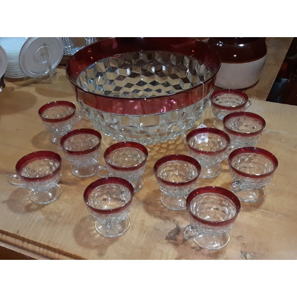 Indiana Glass American Whitehall Colony Diamond Point Ruby Flash Punch Bowl & 11 Cups 