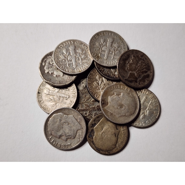 13 Assorted 90% Silver United States Dimes - Face Value $1.30 