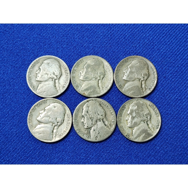 Lot of 6 Assorted Wartime Jefferson Nickels 