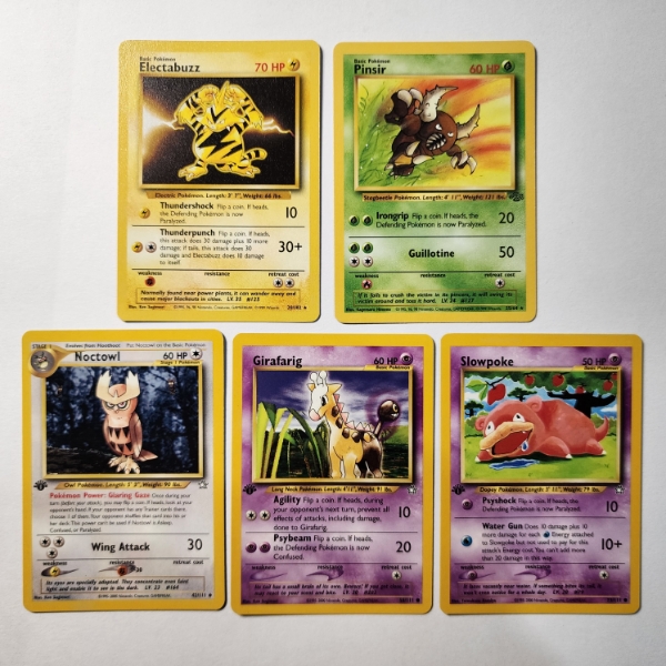 Five Assorted Vintage Pokemon Trading Cards Ft. Two Rares & THREE DIFFERENT 1ST EDITION NEO GENESIS 
