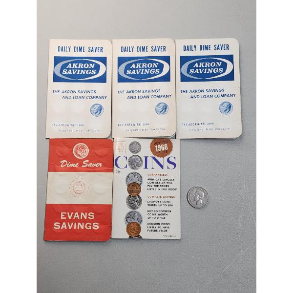 Vintage Coin Book, (4) Empty Dime Saver Books, & (1) British Two Schilling Coin