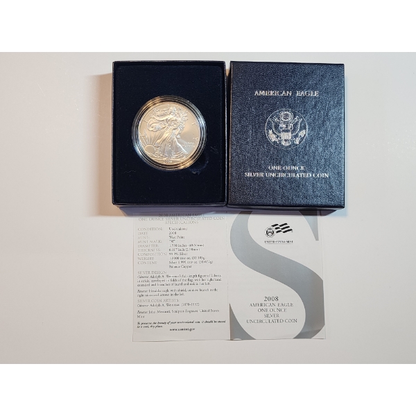 2008-W Silver American Eagle 1 oz Fine Silver Coin Uncirculated w/ Box & COA