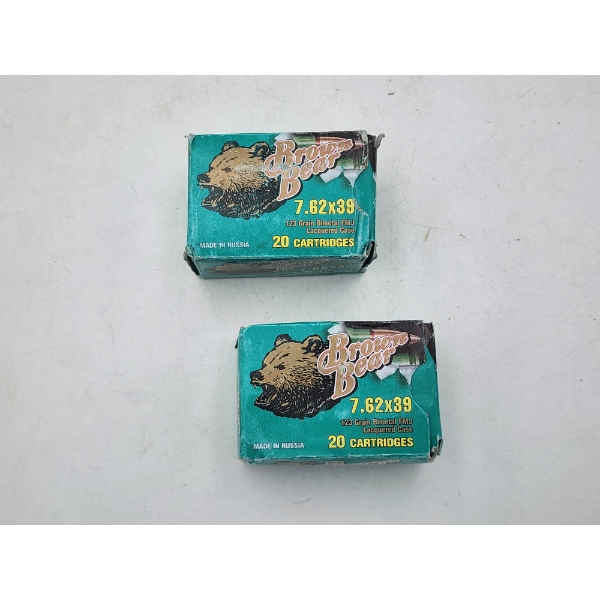 2 Full Boxes of Brown Bear 7.62x39 Rifle Ammunition -123 Grain HP & FMJ - Russian Made