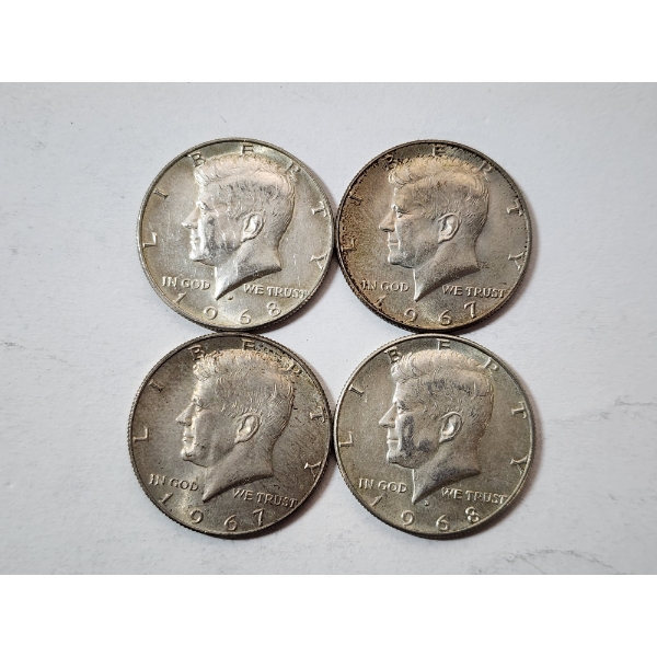 Four Assorted Years 40% Silver Kennedy Half Dollars FV: $2.00