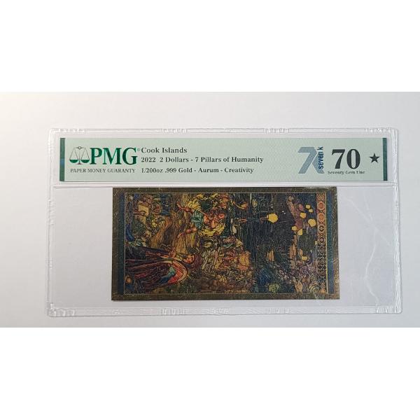 PMG 2022 70 GEM UNC $2 Cook Islands 7 Pillars of Humanity 1/200 Oz .999 Gold Aurum "Creativity" Note
