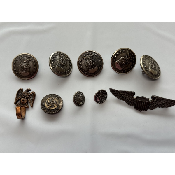 Lot Of 10 Military Pins & Buttons Including Nazi Pin - Great Condition