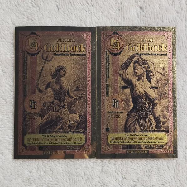Two Assorted 2026 1/4 .9999 Fine 24k Goldback Aurum Notes