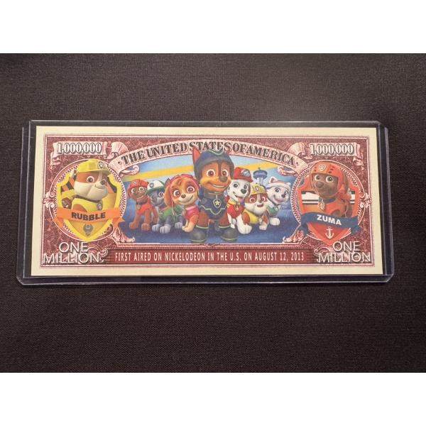 2013 Paw Patrol One Million Dollar Bill In Protective Holder - Mint Condition
