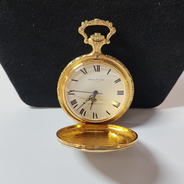 WORKING! Gold-Tone Andre Rivalle 17 Jewel Pocket Watch ft. Horse Engravings 