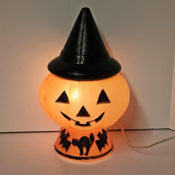 Vintage Jack O' Lantern Pumpkin With Witch Hat Tabletop Lighted Blow Mold Decoration 12"