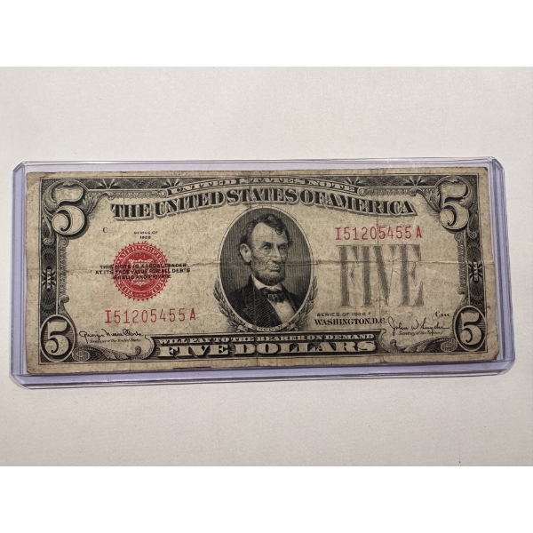 1928-F United States Lincoln $5.00 Red Seal Bill In Protective Holder - Exceptional Note