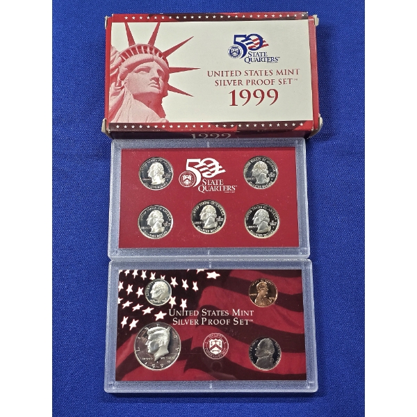 1999 United States Mint Silver Proof Set - 9 Coin Set with Box and COA
