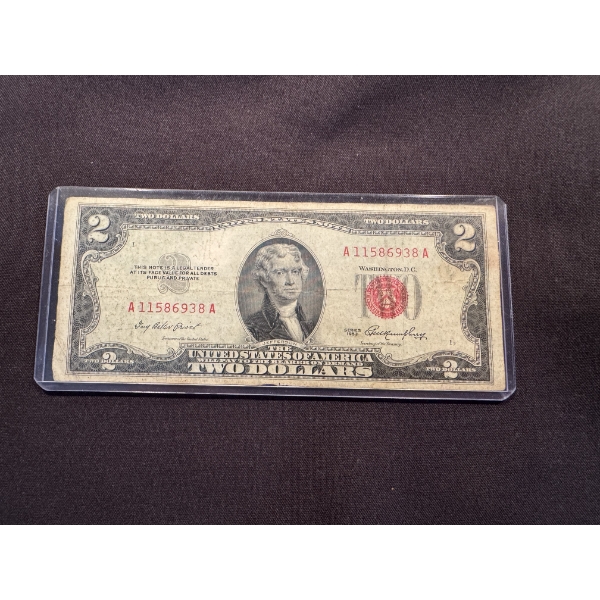 1953 United States Jefferson $2.00 Bill In Protective Holder - Excellent Condition