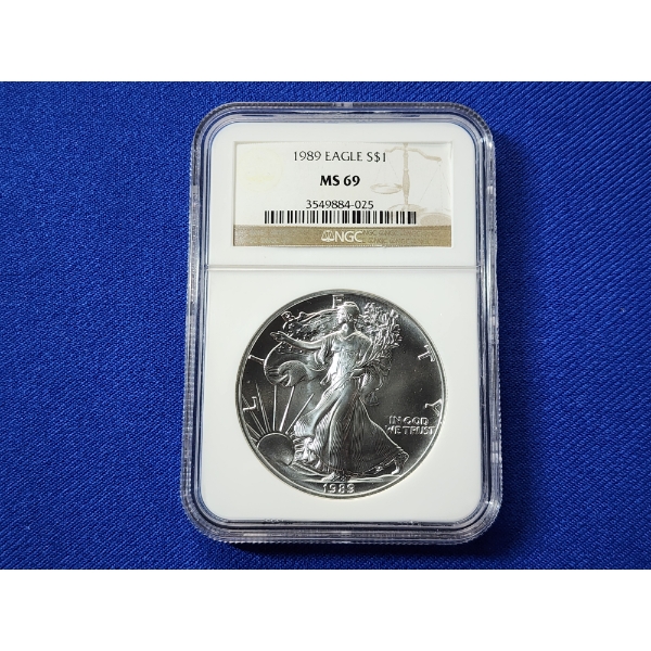 1989 $1 American Siver Eagle 1 oz Fine Silver Graded by NGC MS 69