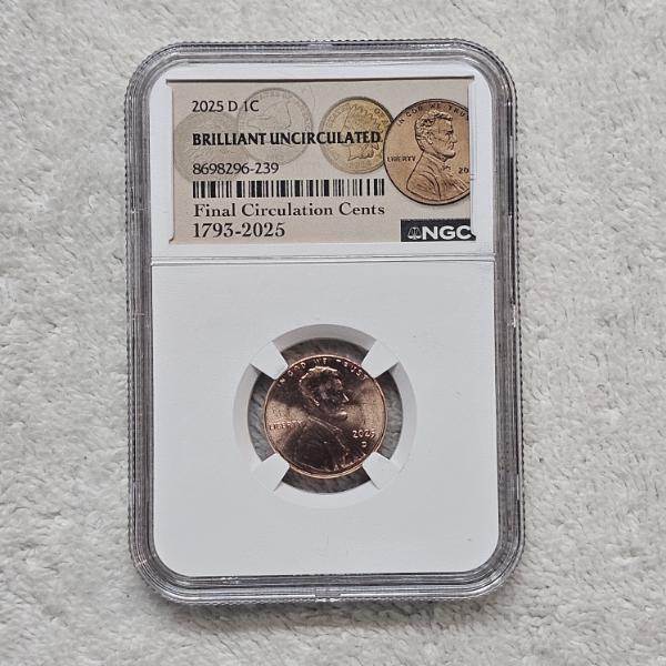 NGC Brilliant Uncirculated 2025-D Lincoln Shield One Cent Final Circulation Cents 1793-2025 Holder