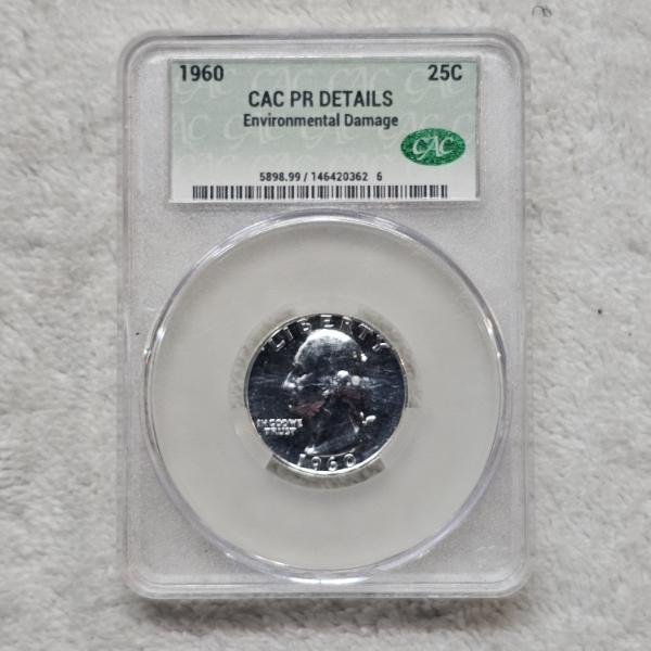 CAC PR DETAILS Environmental Damage 1960 Washington 90% Fine Silver Quarter Dollar - 0.1808 oz ASW