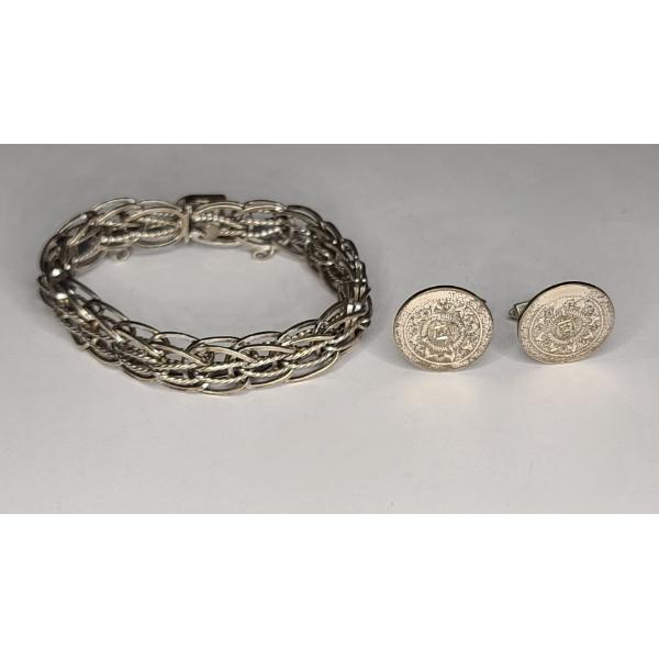 Vintage Elco Sterling Silver Charm Bracelet & Sterling Silver Mexican Cufflinks Total Weight: 35.1g