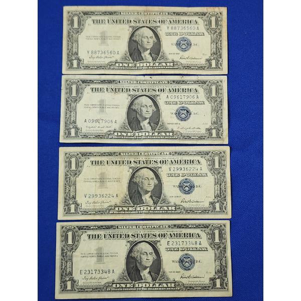 x4 United States 1957 Blue Seal $1 Silver Certificates FV: $4.00