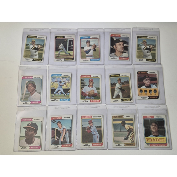 MINT 1974 TOPPS BASEBALL CARDS - 15 ASSORTED SLEEVED CARDS IN NEVER TOUCHED FRESH CONDITION 