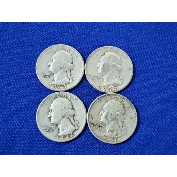 x4 Assorted Years U.S. 90% Silver Washington Quarters FV: $1.00