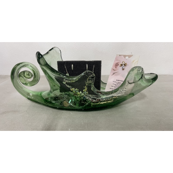 Hand Blown Original Green Glass Bowl Filled With An Eclectic Collection of Attractive Jewelry