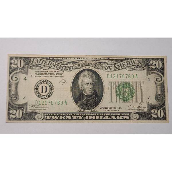 U.S Series 1928 B $20 Bank Of Cleveland Federal Reserve Note With Woods And Mellon Signatures