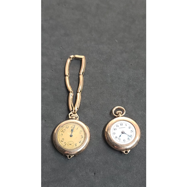 Vintage Women's Elgin 12K Gold Filled Pocket Watch & Women's Hampden 15 Jewels Pocket Watch 