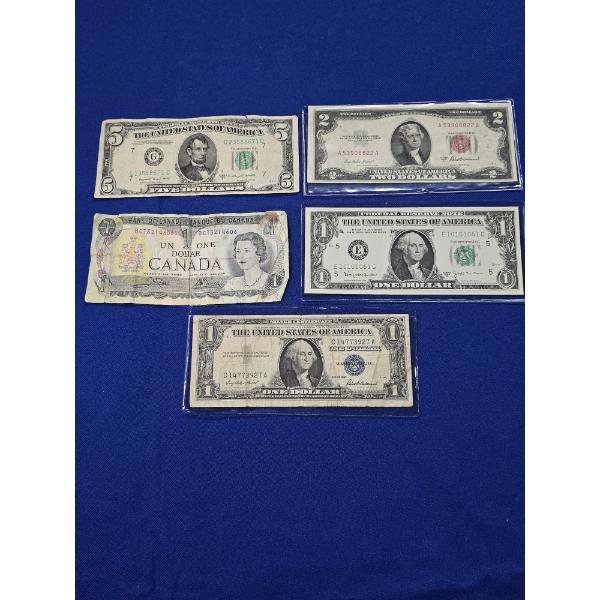 Lot of (5) Old $1, $2, $5 Bills: U.S. & Canada FV: $10.00 - See Description!