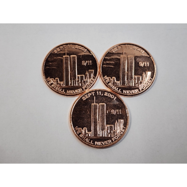 3 - Twin Towers 9-11" We Shall Never Forget" - .999 Fine Copper 1 AVDP Ounce Coins - Mint Cond. 