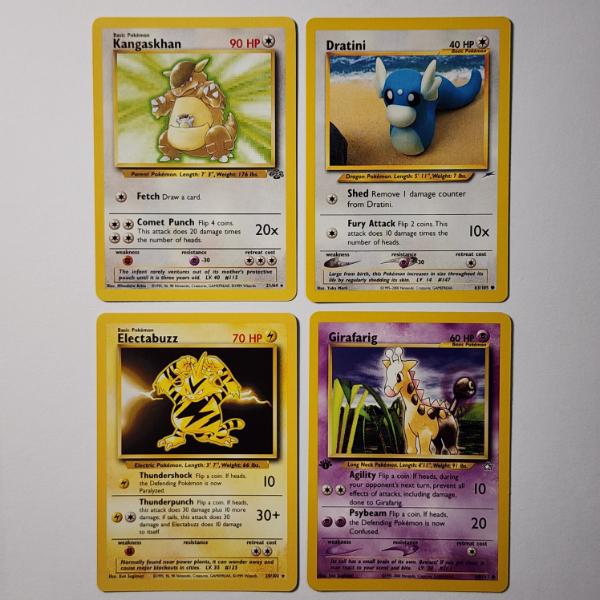 Four Assorted Vintage Pokemon Trading Cards Including Two Rares, Dratini & 1ST EDITION GIRAFARIG