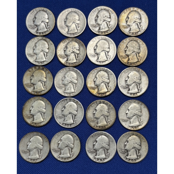 Lot of 20 Assorted Year 90% Silver Washington Quarters, FV $5.00