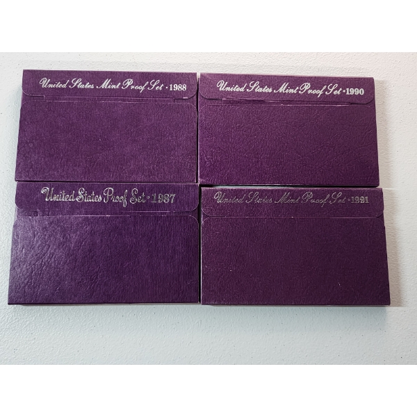 x4 United States Mint Proof Sets: 1988, 1990, 1987, 1991 in Original Packaging w/ CoA