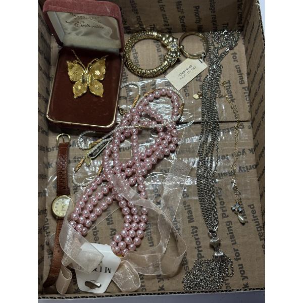 Lot of Costume Jewelry - Necklaces - Watch -Gorgeous Butterfly Necklace in Case - Pink Pearls