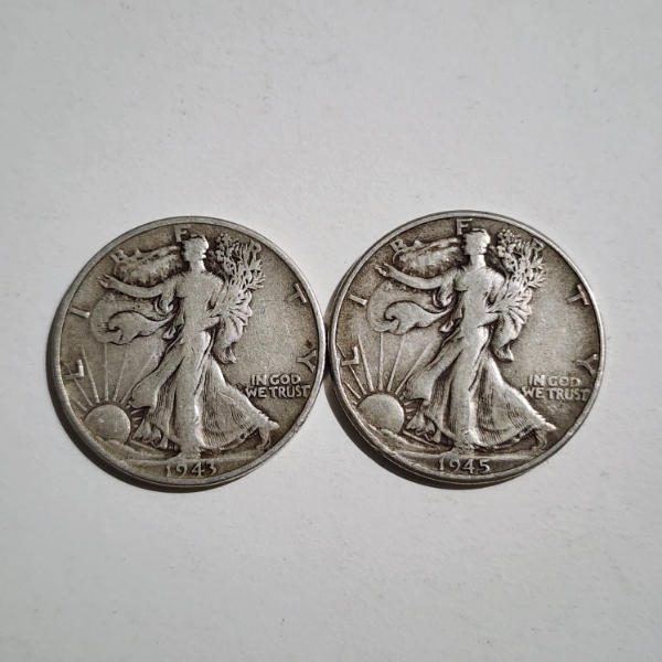 Two 90% Silver Walking Liberty Half Dollars ~ 1943 & 1945 ~ $1.00 Face Value