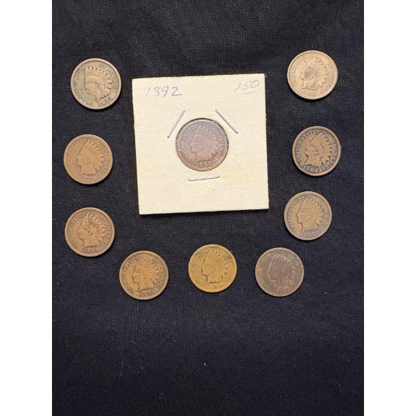 (10) 1 cent pieces - FV $0.10 - Indian Pennies - Years from 1886-1906