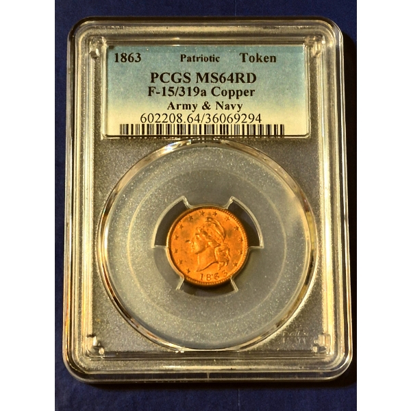 RARE PCGS GRADED 1863 MS64RD ARMY NAVY PATRIOTIC CIVIL WAR TOKEN - FANTASTIC EXAMPLE! 
