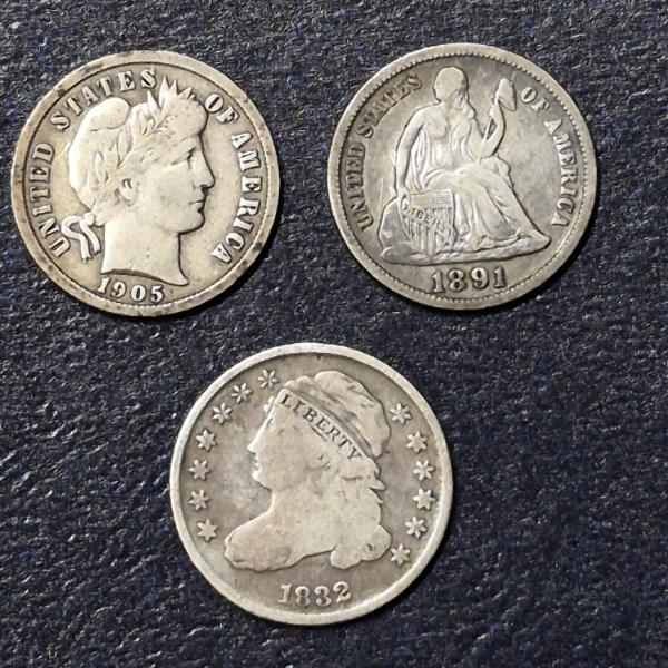 3 Pcs Early US Dimes - 1905 Barber / 1891 Seated Liberty / 1832 Capped Bust - All VF Cond