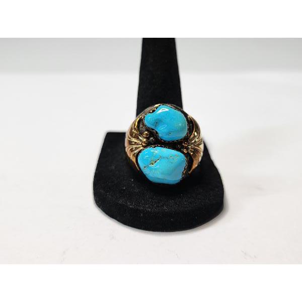 Large Sterling Silver Ring with Two Large Turquoise Stones and Gold-Tone Details - TW: 18.2g