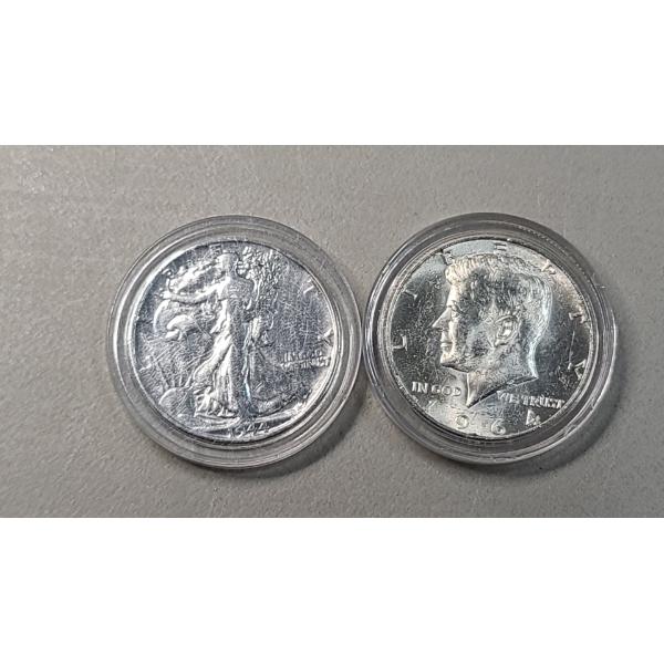 1944 Walking Liberty 90% Silver Half Dollar & 1964 90% Silver Kennedy Half Dollar - Face Value: $1