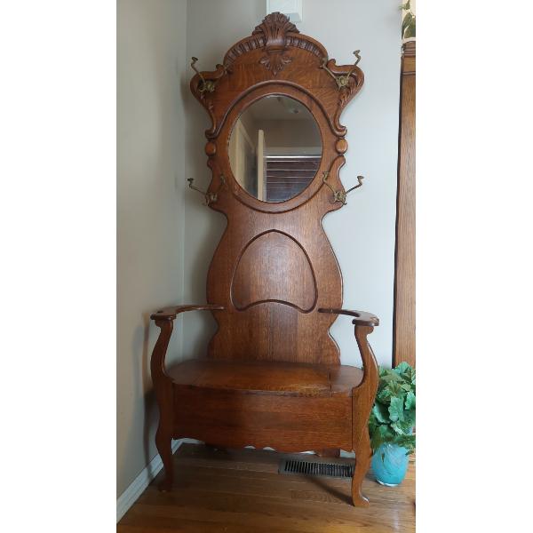 Antique Oak Mirrored Hall Tree - With Seat & Below Seat Storage - See Pics & Description