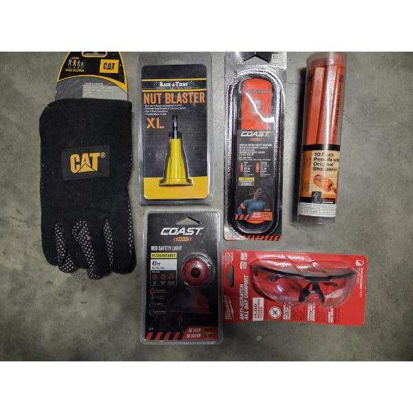 New Cat Size Large Gloves, Safety Light & Arm Band, Nut Blaster Tool, & Milwaukee Safety Glasses