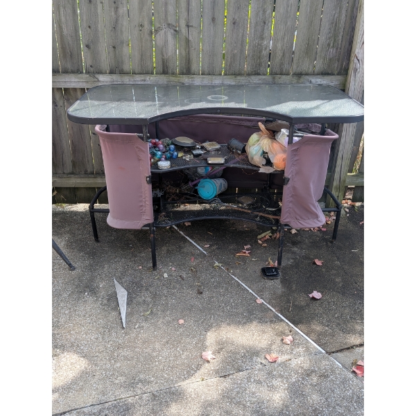 Iron Bar w/ Contents, Two Stools, & Side Table